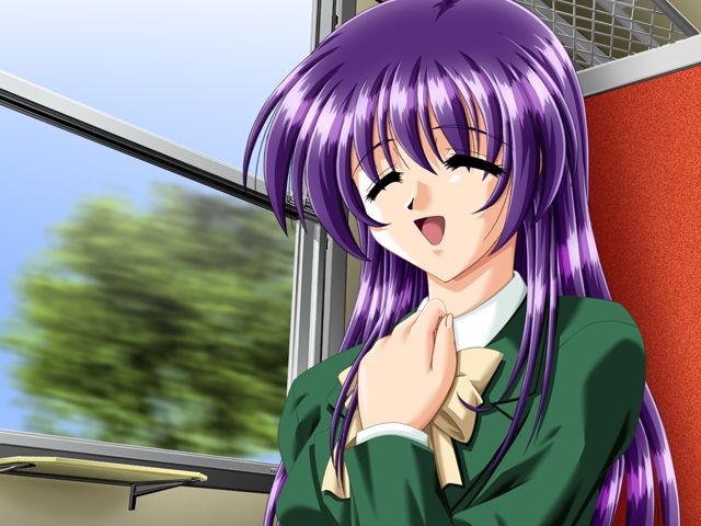 1girl eyes_closed happy long_hair purple_hair sitting tottemo_pheromone tsunashima_erika