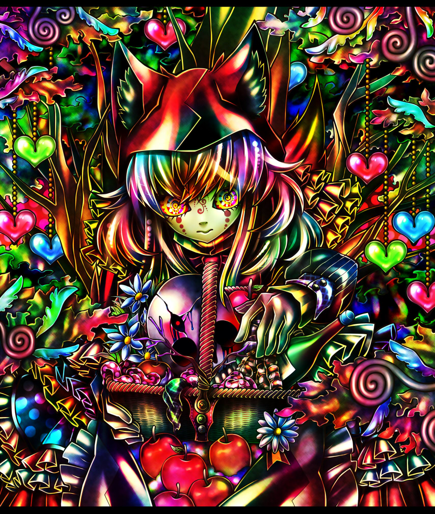 1girl abstract animal_ears apple basket flower food fruit gradient_hair heart hood multicolored_hair ninomae original solo