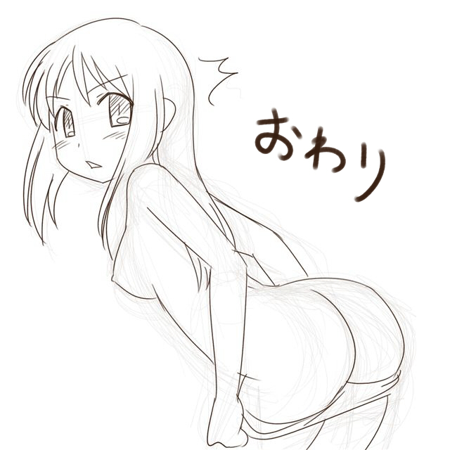 1girl :&lt; aaaa bent_over blush breasts long_hair looking_at_viewer looking_back medium_breasts monochrome nipples nude original panties panty_pull simple_background solo surprised underwear undressing white_background