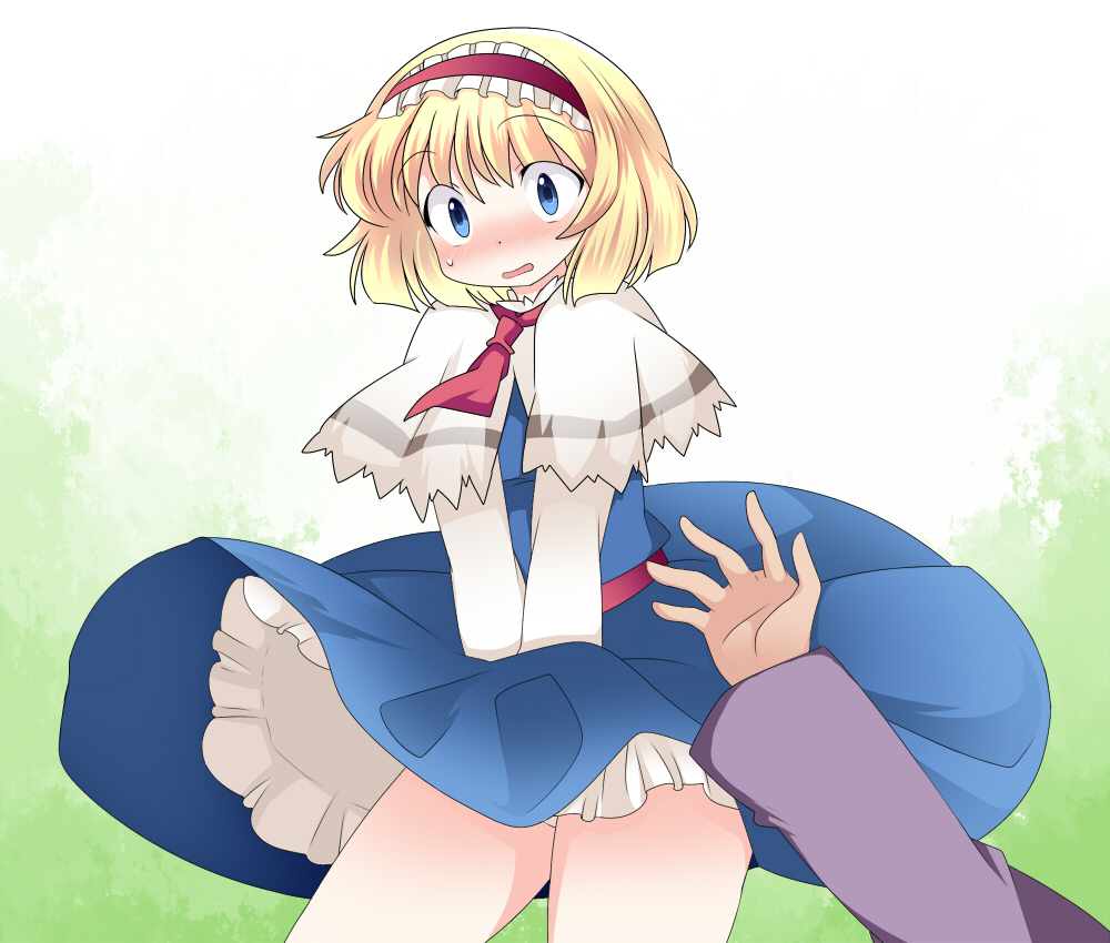 alice_margatroid bad_id bad_pixiv_id blonde_hair blue_eyes blush capelet dress dress_tug hairband hammer_(sunset_beach) hands long_sleeves open_mouth short_hair solo sweatdrop teasing touhou wind wind_lift