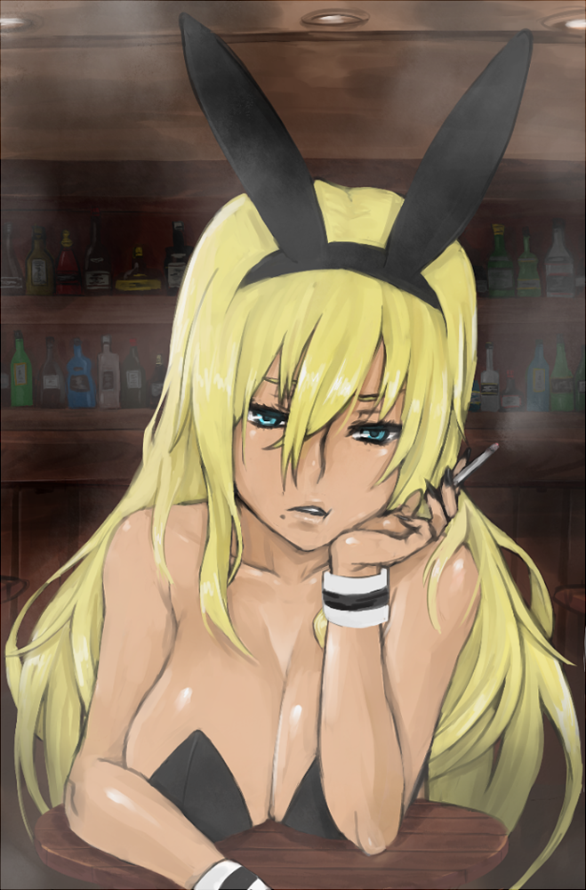 animal_ears bar blonde_hair blue_eyes breasts bunny_ears bunny_girl bunnysuit cigarette cleavage large_breasts long_hair madarame mole mole_under_mouth open_mouth original smoke solo wrist_cuffs