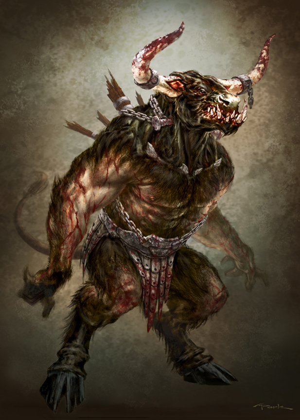 andyparkart anthro armor belt biceps blood bolts bovine brown_fur bull cattle chain cuffs fangs fur hooves horn loincloth male mammal minotaur monster muscles necklace nipples pecs pose ring solo standing teeth topless underwear