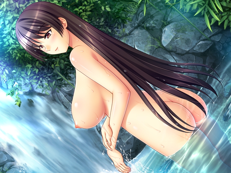 1girl ass blue_gale breasts brown_hair character_request dutch_angle large_breasts long_hair nature nipples nude smile solo source_request water waterfall wet
