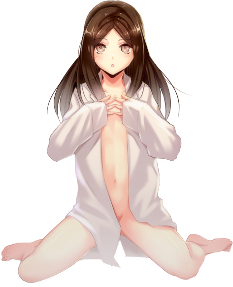 :o barefoot bottomless brown_eyes brown_hair flat_chest hands_on_own_chest ktsis long_hair looking_at_viewer naked_shirt no_panties open_clothes open_shirt original pajamas shirt simple_background sitting solo wariza white_background