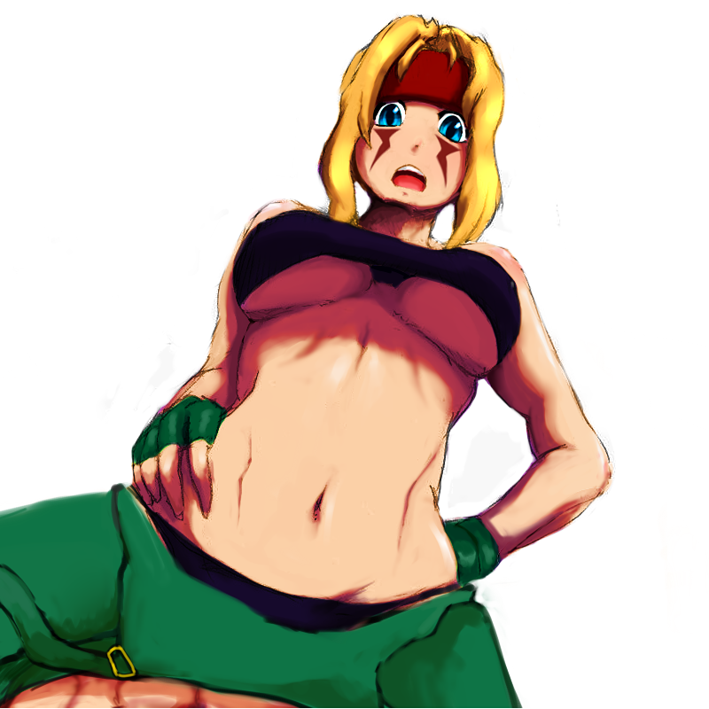 alex_(street_fighter) bare_shoulders blonde_hair blue_eyes breasts capcom_fighting_jam dual_persona facial_tattoo fingerless_gloves genderswap genderswap_(mtf) girl_on_top gloves hands_on_hips headband large_breasts long_hair m16_(tacticalmachinepistol) midnight_bliss midriff navel open_mouth overalls straddling strapless street_fighter street_fighter_iii_(series) tattoo tubetop underboob