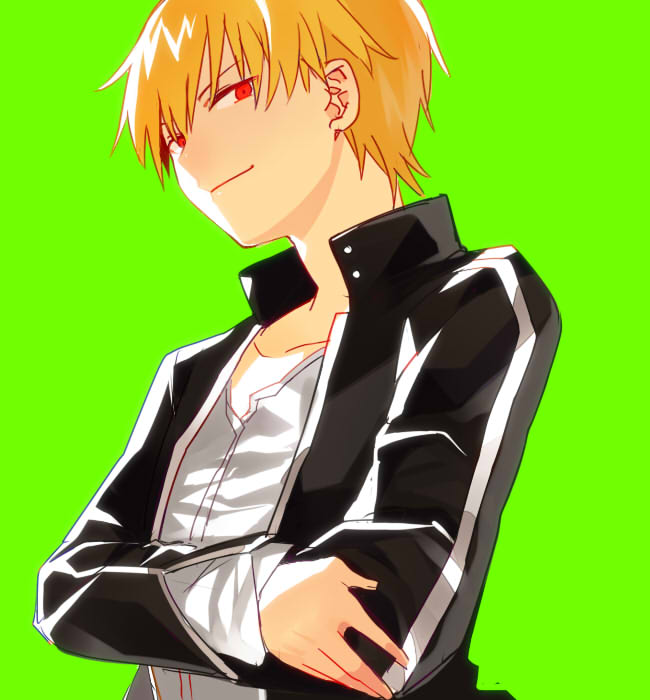 bad_id bad_pixiv_id blonde_hair casual fate/stay_night fate_(series) gilgamesh green_background male_focus red_eyes sanae_(satansanae) simple_background solo