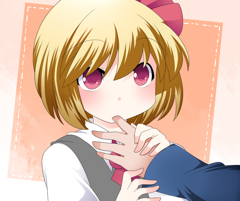 ascot bad_id bad_pixiv_id blonde_hair blush finger_in_mouth finger_sucking hair_ribbon hammer_(sunset_beach) hands long_sleeves red_eyes ribbon rumia shirt short_hair solo touhou vest