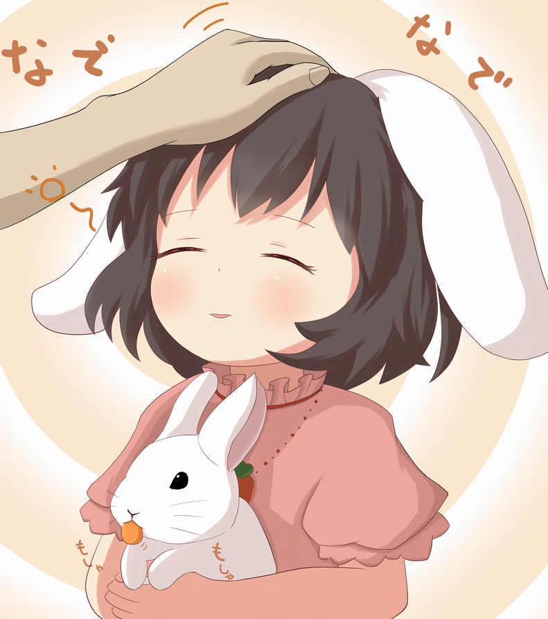 animal_ears black_hair blush bunny bunny_ears carrot carrot_necklace carrying closed_eyes dress inaba_tewi jewelry maromi_gou necklace out_of_frame pendant petting pink_dress puffy_sleeves short_hair short_sleeves smile solo_focus touhou upper_body