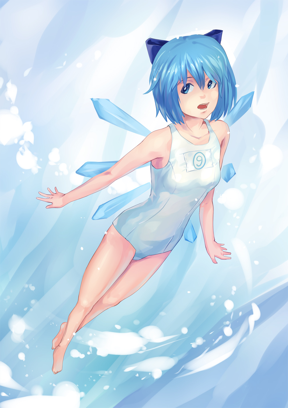 1girl barefoot blue_eyes blue_hair bow cirno hair_bow highres ice ice_wings naoki_yukira one-piece_swimsuit school_swimsuit short_hair solo swimsuit touhou white_swimsuit wings