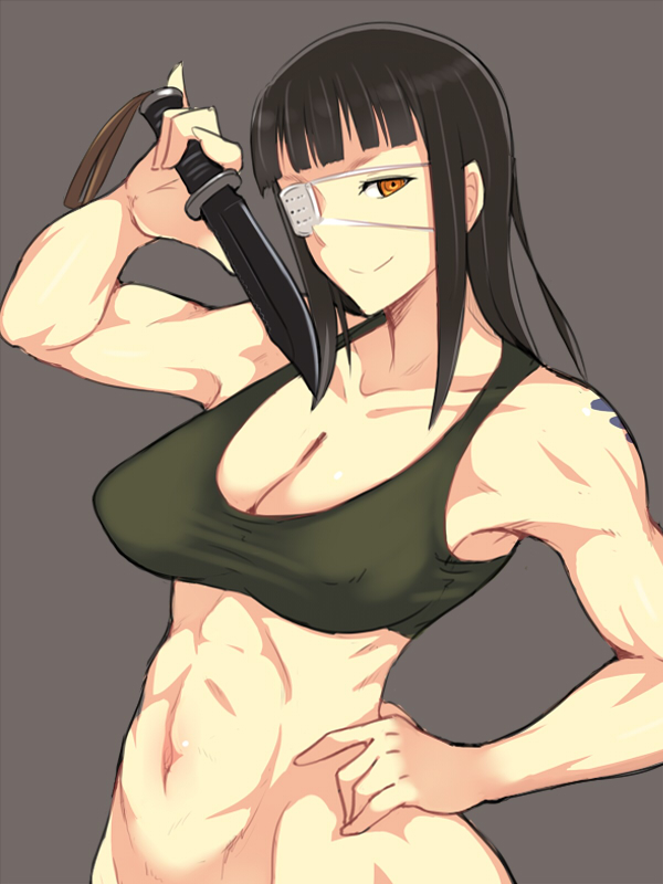 abs black_hair bottomless breasts cleavage em eyepatch hand_on_hip jormungand knife large_breasts muscle muscular_female sofia_valmer solo tank_top