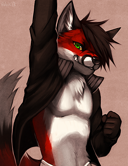 anthro bipedal black_hair brown_ears brown_hair brown_jacket canine celebration chest_tuft clothing digital_painting_(art) dipstick_tail ear_fluff facial_markings falvie fist fist_pump fox front_view fur green_eyes grin hair hair_over_eye half-length_portrait jacket looking_at_viewer male mammal markings open_shirt pink_background plain_background raised_arm red_fur shirt snout solo toned tuft white_countershading white_fur