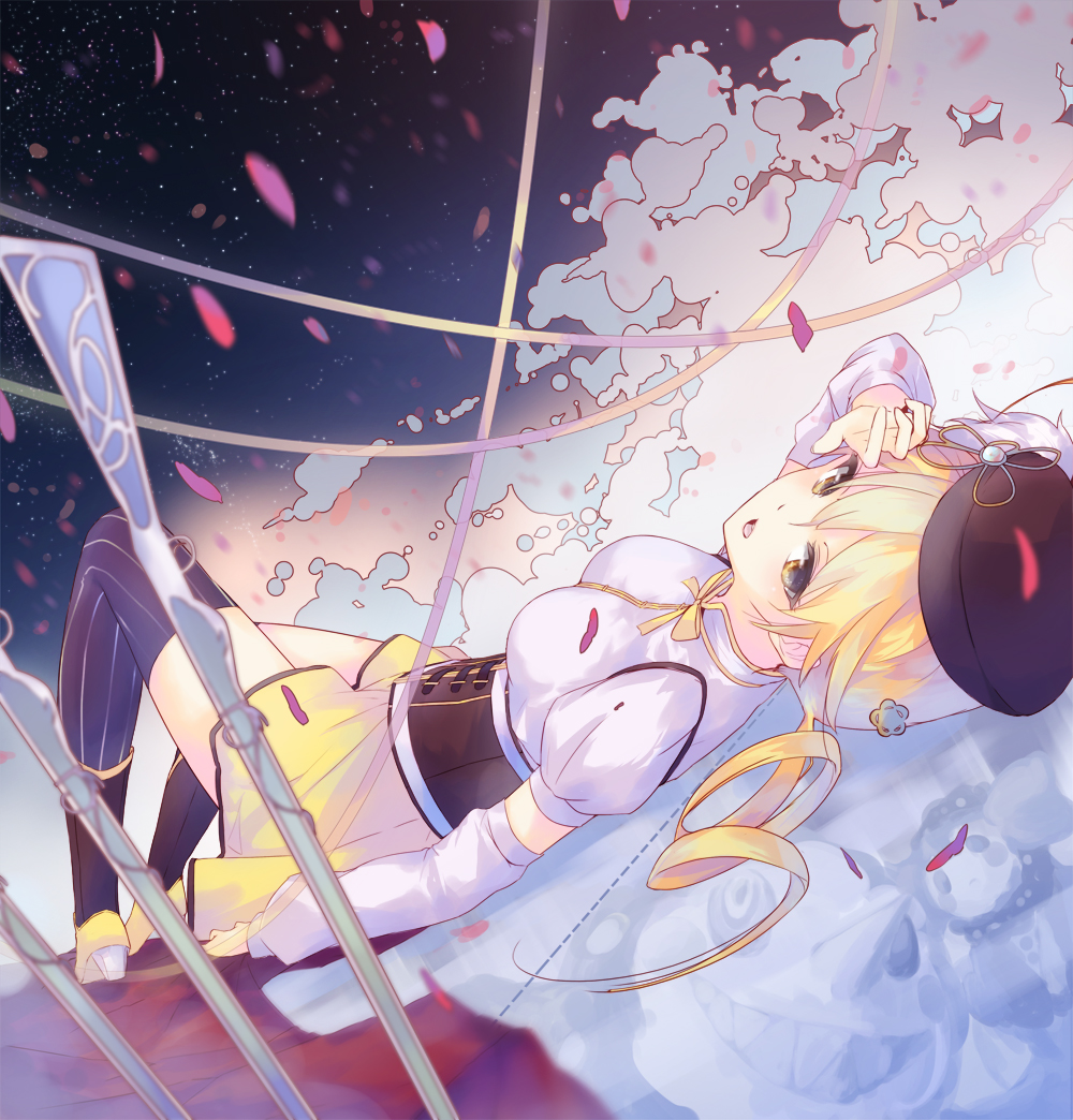 blonde_hair corset detached_sleeves dotted_line drill_hair gun hair_ornament hat la-na lying magical_musket mahou_shoujo_madoka_magica on_back petals skirt solo striped striped_legwear thighhighs tomoe_mami twin_drills twintails vertical-striped_legwear vertical_stripes weapon yellow_eyes