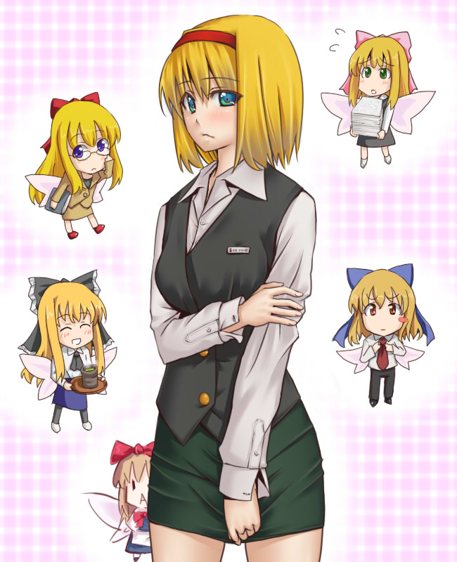 ^_^ alice_margatroid ascot bespectacled blonde_hair blue_eyes blush_stickers bow capelet closed_eyes contemporary cup dress_shirt formal glasses green_eyes grin hair_bow hairband necktie office_lady pencil_skirt shanghai_doll shirt short_hair skirt smile solo suit teacup tori_(minamopa) touhou tray