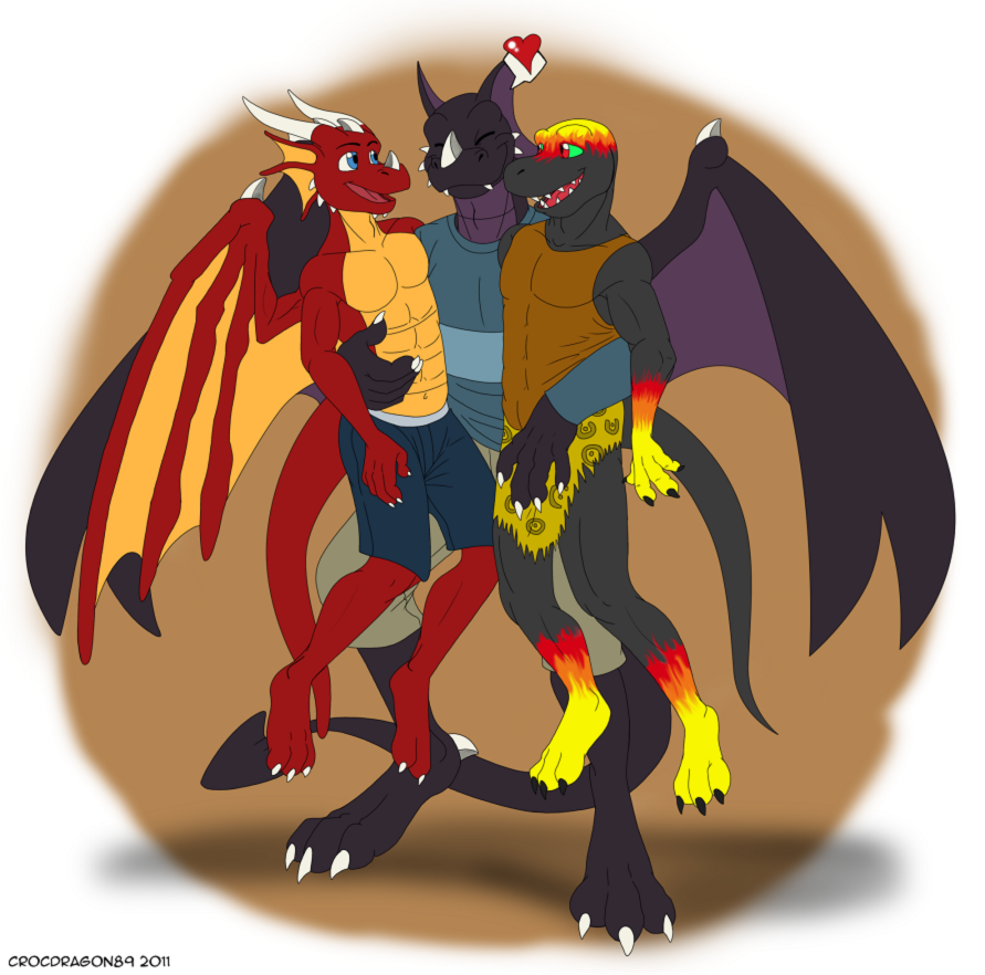 &lt;3 3_toes belt biceps big black_dragon black_scales claws clothing crocdragon89 darix dinosaur dragon eyes_closed fangs happy horn hug male muscles open_mouth pants pose purple_skin reptile rexo scalie shirt size_difference smile tyrannosaurus_rex western_dragon wings zeke_(crocdragon89)