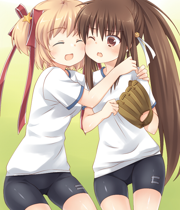 baseball_mitt bike_shorts blonde_hair brown_hair closed_eyes gym_uniform hug kamikita_komari little_busters! long_hair multiple_girls natsume_rin one_eye_closed ponytail red_eyes ribbon satou_aoi short_hair twintails