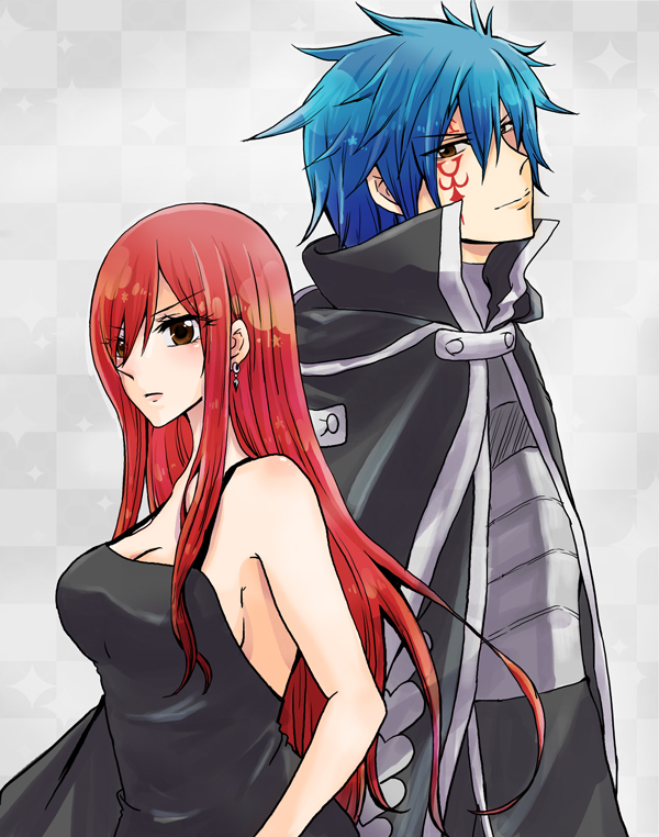 1boy 1girl blue_hair breasts cape cleavage couple earrings erza_scarlet fairy_tail jellal_fernandes jewelry red_hair tattoo