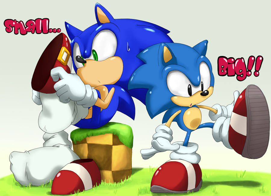 anthro blue_hair cute duo green_eyes hair hedgehog male mammal plain_background sega shoes shoppaaaa sitting size_difference socks sonic_(series) sonic_the_hedgehog square_crossover white_background