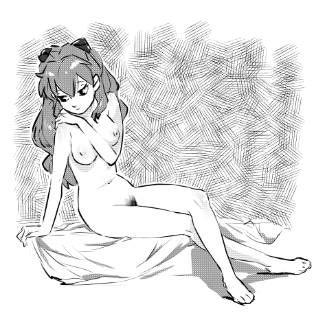 arm_support barefoot breasts greyscale hair_ornament hand_on_own_shoulder long_hair lowres medium_breasts monochrome navel neon_genesis_evangelion nipples nude petitcarreau pubic_hair sitting solo souryuu_asuka_langley