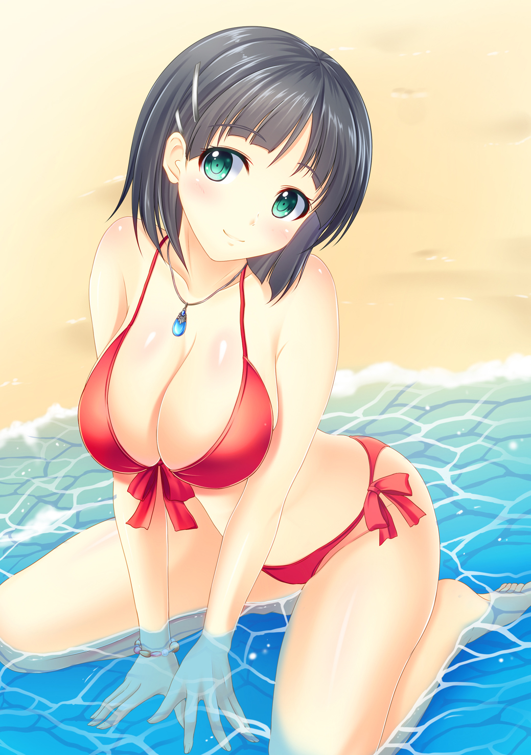 arm_support bad_id bad_pixiv_id bikini black_hair blush bracelet breasts cleavage front-tie_top green_eyes highres jewelry kirigaya_suguha large_breasts looking_at_viewer partially_submerged pasdar pendant red_bikini shiny shiny_skin short_hair sitting smile solo swimsuit sword_art_online wariza water
