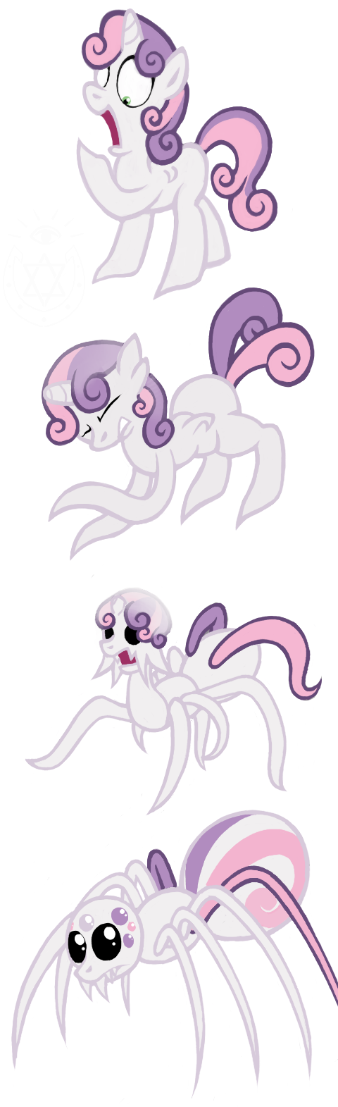 arthropod equine female feral friendship_is_magic green_eyes hair hi_res horn horse mammal my_little_pony open_mouth pony purple_hair spider sweetie_belle_(mlp) transformation two_tone_hair unicorn unknown_artist young