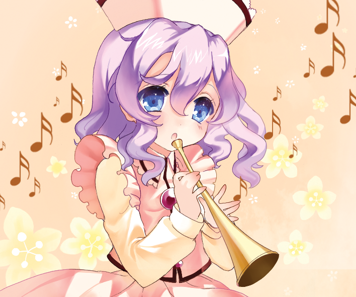 blue_eyes cosmos_(the_crying_moon) hat instrument lavender_hair long_sleeves merlin_prismriver musical_note short_hair solo touhou