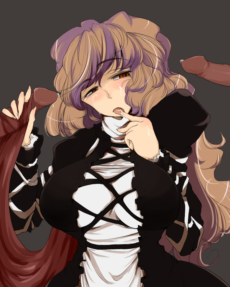 breasts brown_hair capejob chiyoshi_(sevendw) cross-laced_clothes finger_to_mouth handjob hijiri_byakuren large_breasts long_hair looking_to_the_side penis precum red_eyes saliva saliva_trail solo_focus touhou