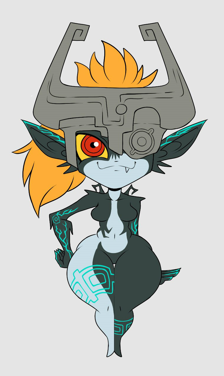 1girl breasts chibi closed_mouth fang flat_color full_body grey_background hand_on_hip helmet imp long_hair looking_at_viewer medium_breasts mehdrawings midna monster_girl nintendo nude one_eye_covered orange_hair pointy_ears red_eyes simple_background smile solo standing the_legend_of_zelda the_legend_of_zelda:_twilight_princess thick_thighs thigh_gap thighs wide_hips yellow_sclera