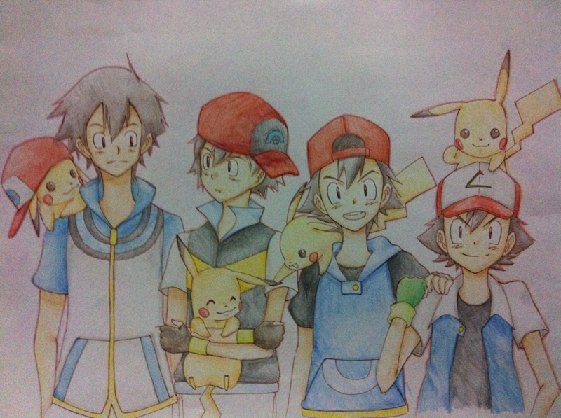 age_progression colored_pencil_(medium) pikachu pokemon satoshi_(pokemon) traditional_media