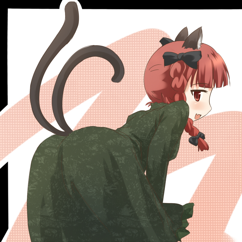 animal_ears bent_over blush braid cat_ears cat_tail kaenbyou_rin looking_back multiple_tails open_mouth ran_(9ens2000) red_eyes red_hair smile solo tail touhou twin_braids twintails