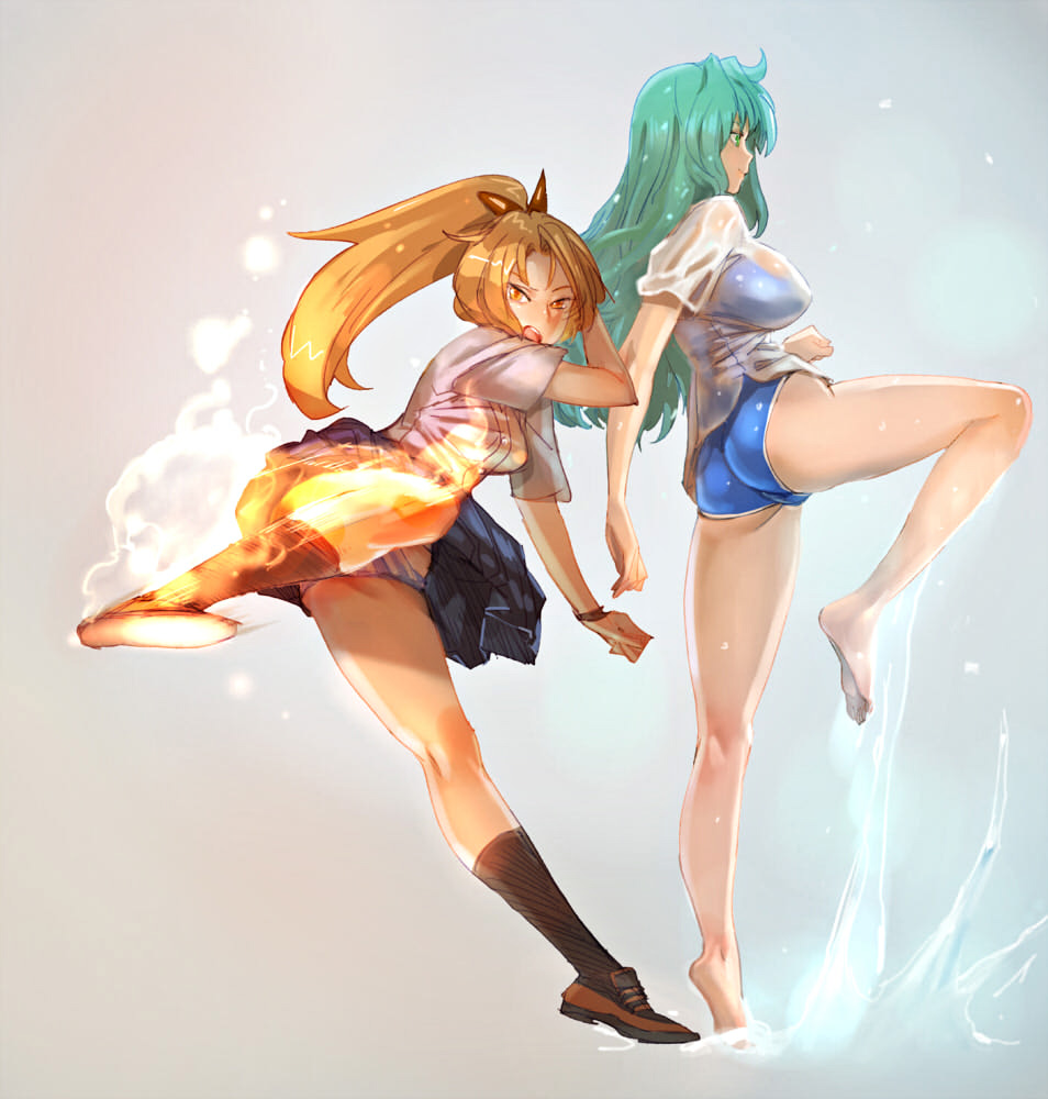 ass barefoot blonde_hair bow bow_(bhp) breasts feet fire green_eyes green_hair hair_bow kicking large_breasts loafers long_hair medium_breasts multiple_girls one-piece_swimsuit original panties ponytail school_uniform shoes skirt socks striped striped_panties swimsuit underwear water wet wet_clothes yellow_eyes