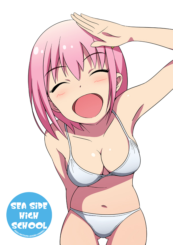 bad_id bad_pixiv_id bikini breasts cleavage closed_eyes leaning_forward medium_breasts original pink_hair salute short_hair solo swimsuit umigraphics