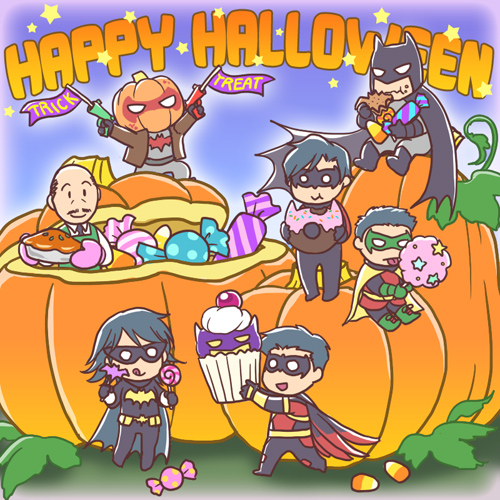 1girl 6+boys 6boys alfred_pennyworth apron astraea_f batgirl batman batman_(series) black_bat black_hair bodysuit boots brother brother_and_sister brothers bruce_wayne butler candy cape cassandra_cain chibi cupcake damian_wayne daughter dc_comics dick_grayson domino_mask doughnut eating family father father_and_son food gloves halloween ice_cream jason_todd lollipop lowres mask mittens multiple_boys nightwing pie pixiv_thumbnail pumkin pumpkin red_hood red_hood_(dc) red_robin robin_(dc) siblings sister sitting son swirl_lollipop tim_drake