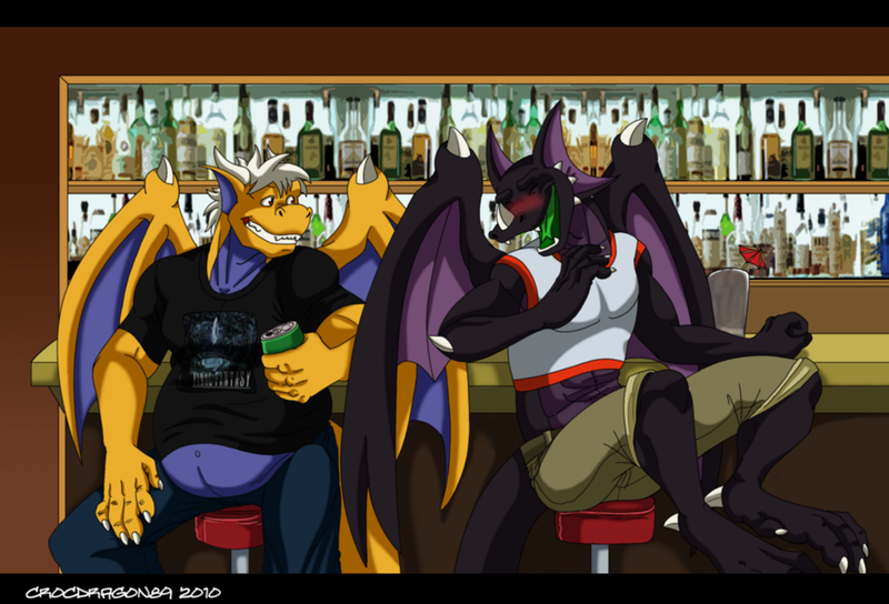 bar belly biceps big black_dragon black_scales blush chubby claws clothing crocdragon89 dragon drunk elsydeon eyes_closed fangs grin happy horn laugh male muscles open_mouth overweight pants paws pecs pose purple_skin reptile scalie shirt sitting teeth yellow_dragon zeke_(crocdragon89)