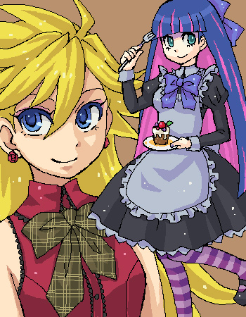 alternate_costume apron blonde_hair blue_eyes cupcake food hachiko_(murasaki_no_neko) long_hair lowres multicolored_hair multiple_girls oekaki panty_&amp;_stocking_with_garterbelt panty_(psg) pantyhose pink_hair purple_hair purple_legwear stocking_(psg) striped striped_legwear