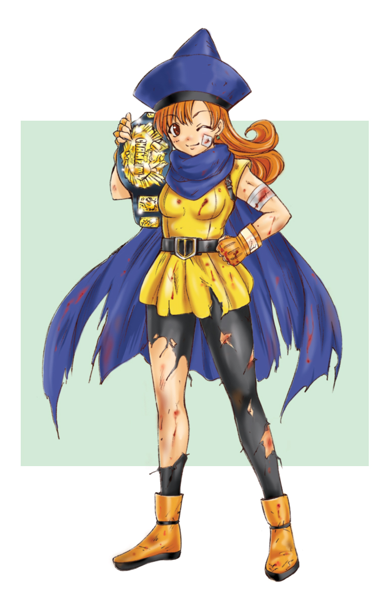 abe_tsukumo alena_(dq4) bandages belt blood brown_eyes brown_hair cape championship_belt dragon_quest dragon_quest_iv full_body hand_on_hip hat highres injury long_hair one_eye_closed pantyhose shoes skirt smile solo torn_clothes torn_legwear yellow_skirt