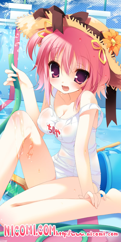 :d blush brush bucket collarbone copyright_name flower hat hat_flower hat_ribbon holding hose looking_at_viewer name_tag nicomi.com one-piece_swimsuit open_mouth original pink_eyes pink_hair ribbon school_swimsuit short_hair side_ponytail sitting smile solo straw_hat swimsuit water watermark web_address wet white_school_swimsuit white_swimsuit youta