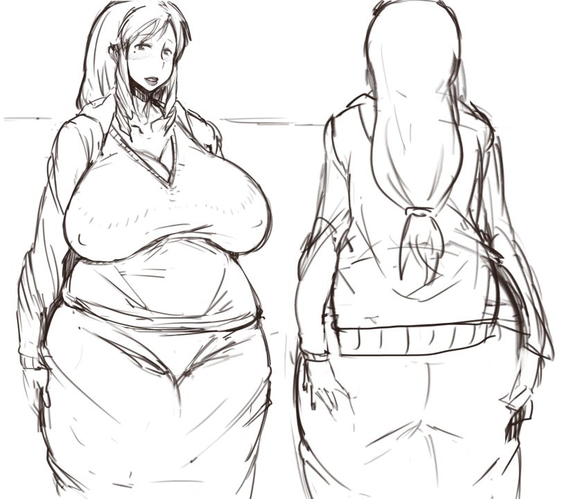 1girl ass breasts childwife cleavage erect_nipples fat female huge_ass huge_breasts jitsuma long_hair long_skirt milf mirror mole monochrome sketch skirt solo sweater wide_hips