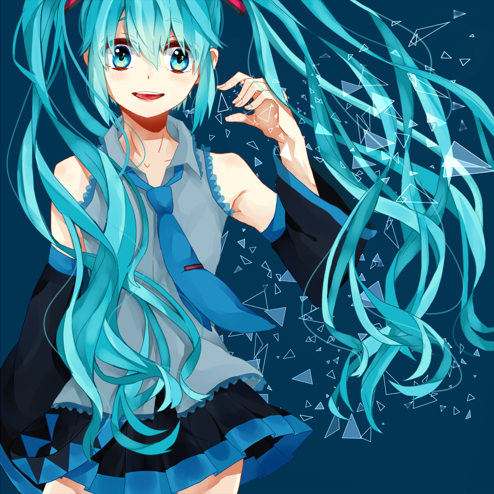 aqua_eyes aqua_hair bad_id bad_pixiv_id detached_sleeves eringi hatsune_miku long_hair necktie open_mouth simple_background skirt solo triangle twintails vocaloid