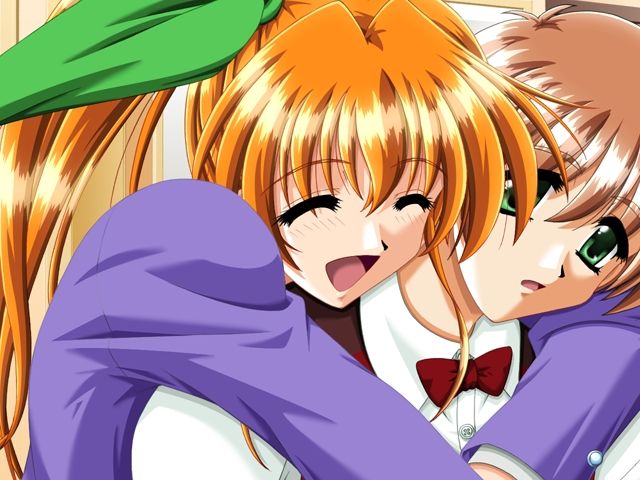 1girl bow brown_hair character_request eyes_closed green_eyes happy hug hug_from_behind long_hair open_mouth orange_hair ponytail short_hair smile tottemo_pheromone twintails uniform