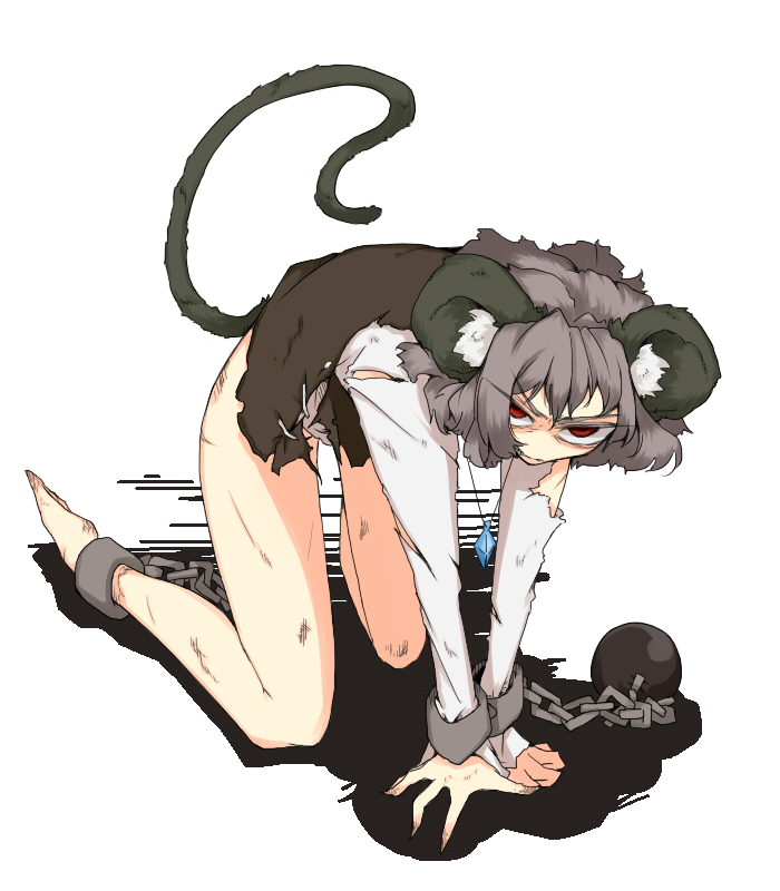 animal_ears ball_and_chain_restraint bottomless chain chiyoshi_(sevendw) cuffs dirty glaring grey_hair jewelry looking_at_viewer mouse_tail nazrin necklace pendant red_eyes shackles solo tail torn_clothes touhou