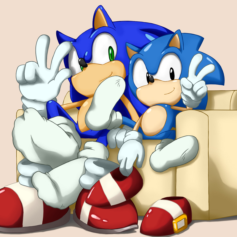 anthro blue_hair duo green_eyes hair hedgehog male mammal sega shoes shoppaaaa size_difference socks sofa sonic_(series) sonic_the_hedgehog square_crossover