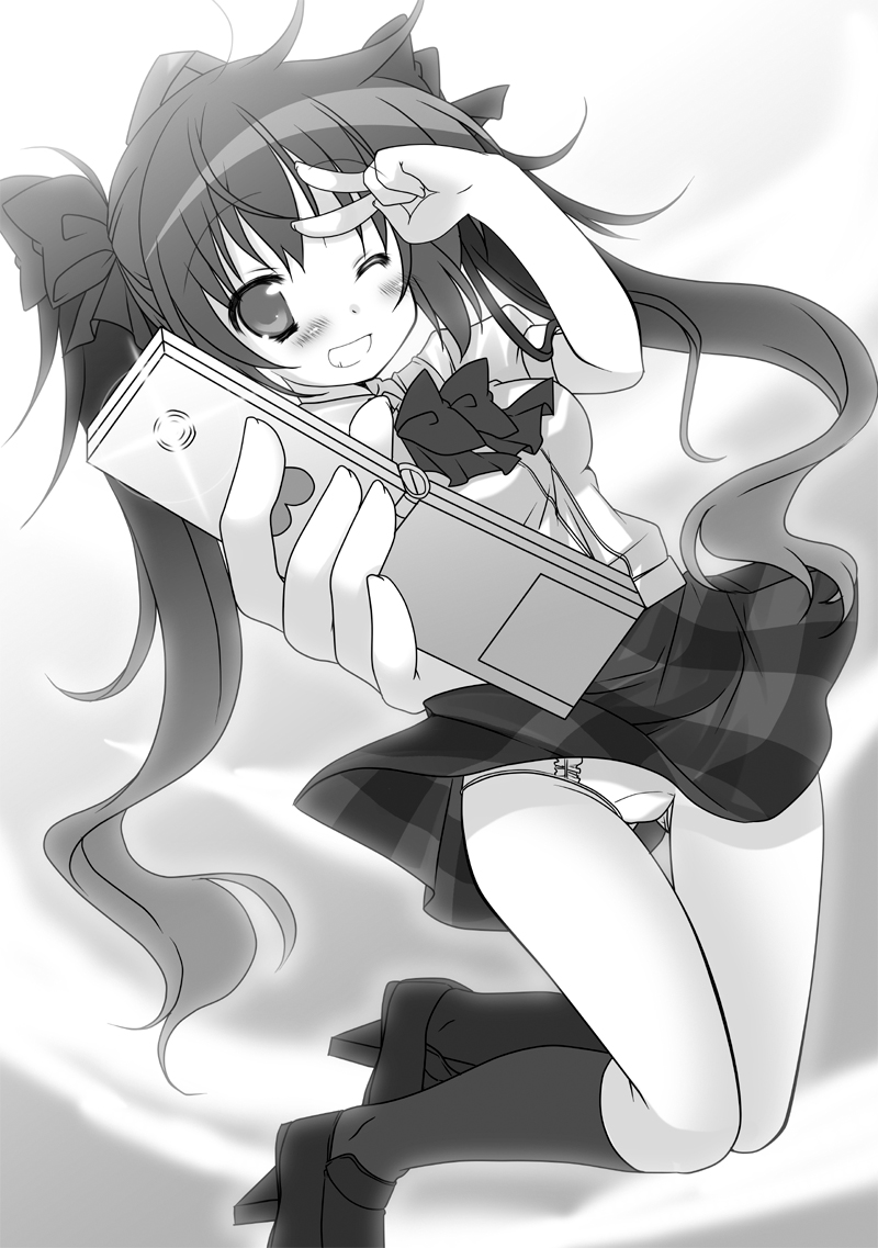 blush breasts cellphone greyscale hat hikanyan himekaidou_hatate long_hair looking_at_viewer medium_breasts monochrome one_eye_closed panties phone skirt smile solo tokin_hat touhou twintails underwear v