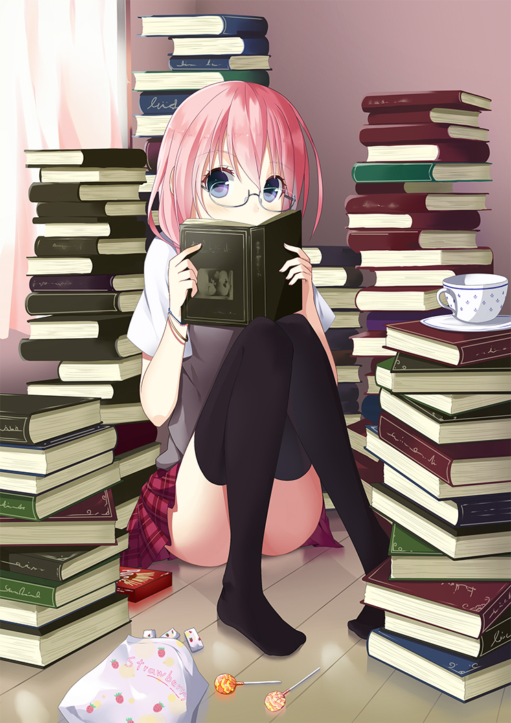 bad_id bad_pixiv_id black_legwear blue_eyes book book_stack candy cup food glasses holding holding_book lollipop looking_at_viewer open_book original pigeon-toed pink_hair plaid plaid_skirt plate pocky school_uniform sitting skirt solo taiyaki_(astre) teacup thighhighs too_many too_many_books