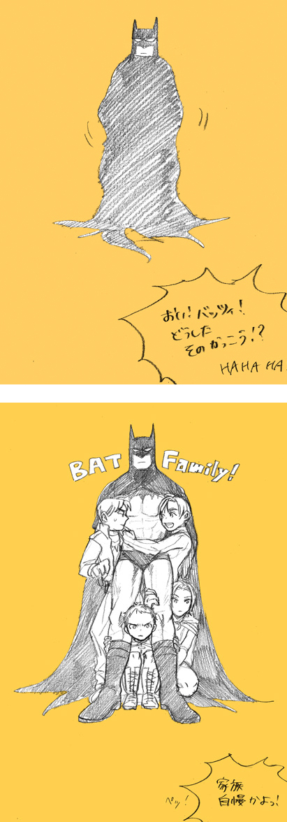5boys batman batman_(series) belt boots brothers bruce_wayne cape color_background comic crouch damian_wayne dc_comics dick_grayson family father father_and_son hug jacket jason_todd laughing male male_focus mask monochrome multiple_boys nightwing red_hood red_hood_(dc) red_robin robin_(dc) siblings sketch smile son squatting tim_drake