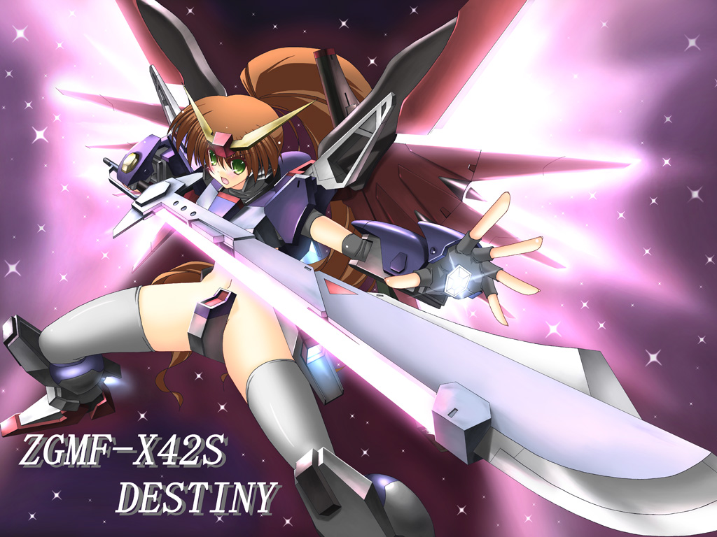 blush brown_hair destiny_gundam green_eyes gundam gundam_seed gundam_seed_destiny long_hair mecha_musume open_mouth personification rappa_(rappaya) solo spread_legs sword thighhighs very_long_hair weapon