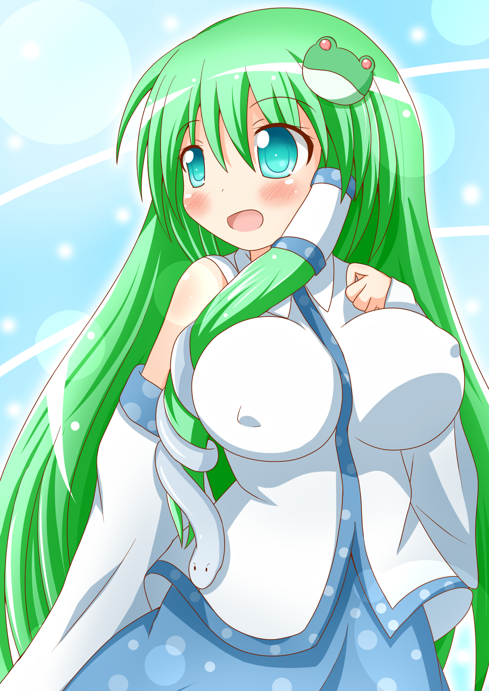 blush breasts covered_nipples detached_sleeves frog_hair_ornament green_eyes green_hair hair_ornament hair_tubes highres huge_breasts kochiya_sanae long_hair open_mouth skirt smile snake solo touhou zenon_(for_achieve)