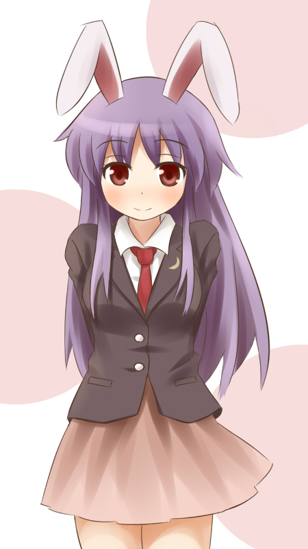 animal_ears arms_behind_back blazer blush bunny_ears crescent dress_shirt jacket long_hair looking_at_viewer necktie purple_hair ran_(9ens2000) red_eyes red_neckwear reisen_udongein_inaba shirt skirt smile solo touhou