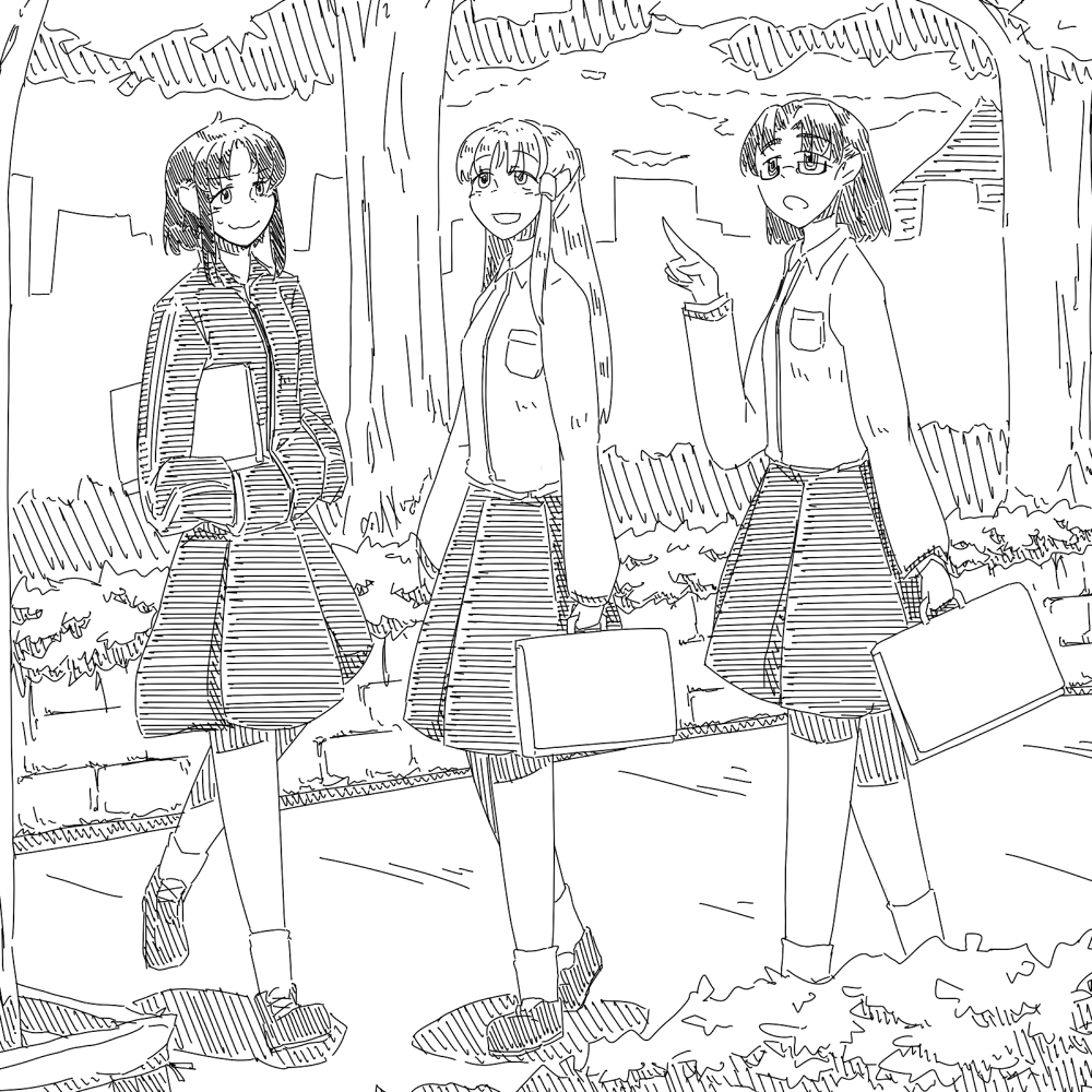 character_request chiyoshi_(sevendw) copyright_request glasses greyscale monochrome multiple_girls outdoors tree
