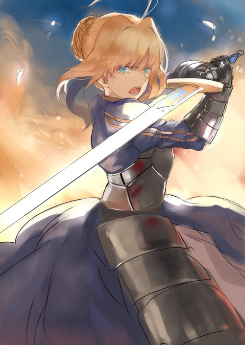 ahoge armor armored_dress artoria_pendragon_(all) blonde_hair dress excalibur fate/stay_night fate_(series) fighting_stance fire gauntlets glowing glowing_sword glowing_weapon green_eyes hair_ribbon ran_(pixiv2957827) ribbon saber solo sword weapon