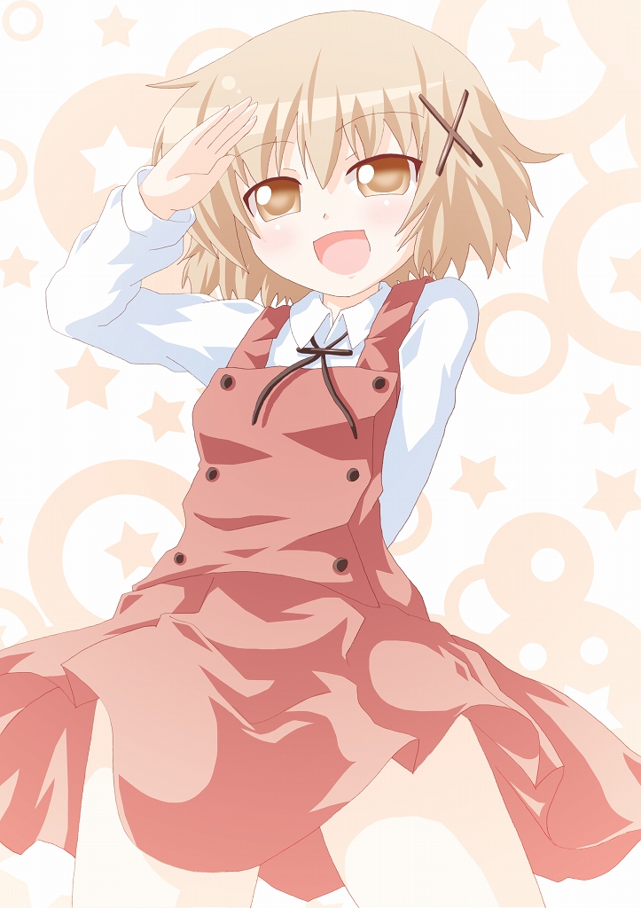 brown_eyes brown_hair dress_shirt hair_ornament hairclip hidamari_sketch kagerou_(kers) open_mouth salute shirt short_hair skirt smile solo x_hair_ornament yuno